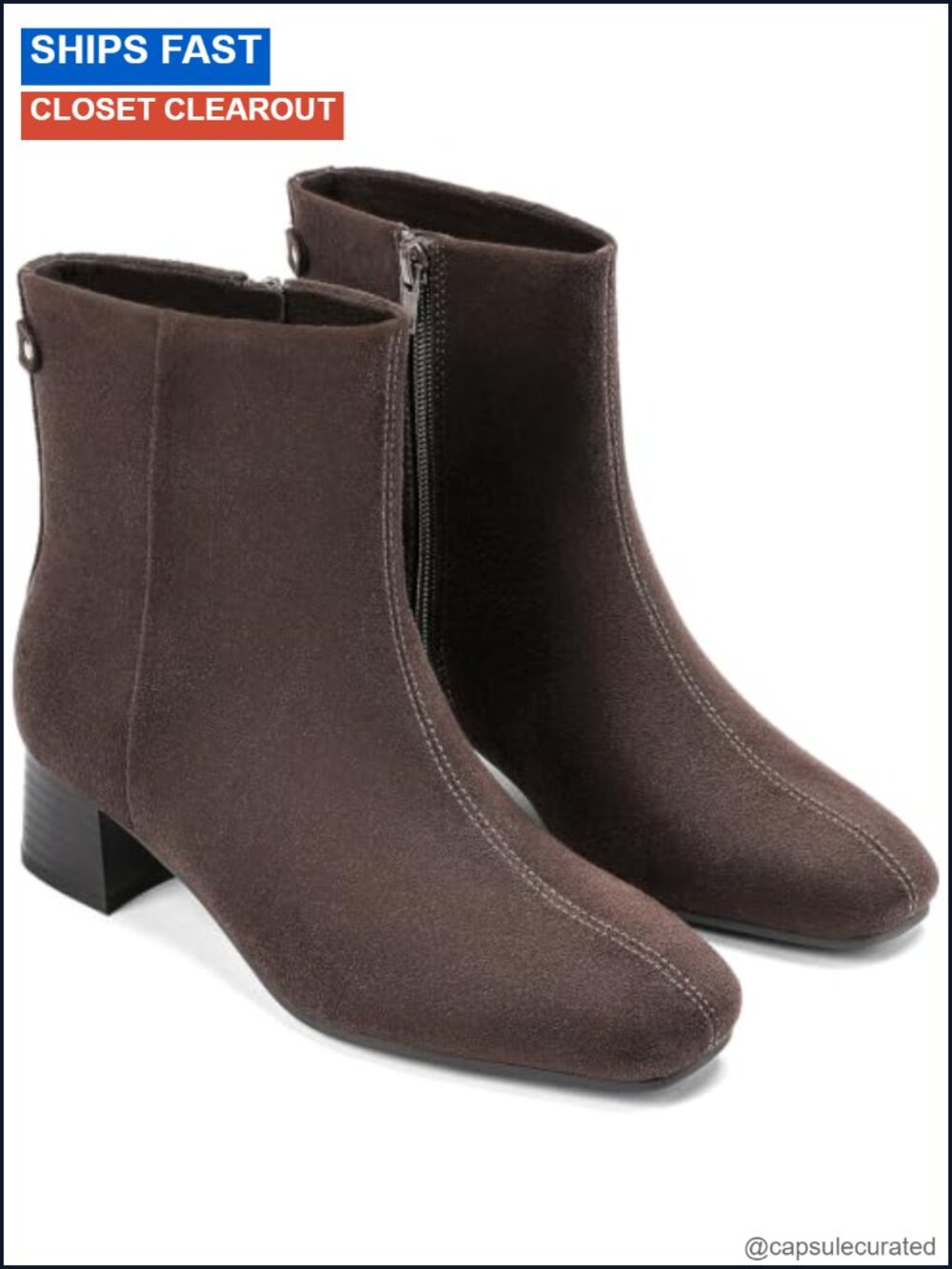 Wide Width Ankle Boots Square Toe Low Chunky Stacked Heel Faux Suede